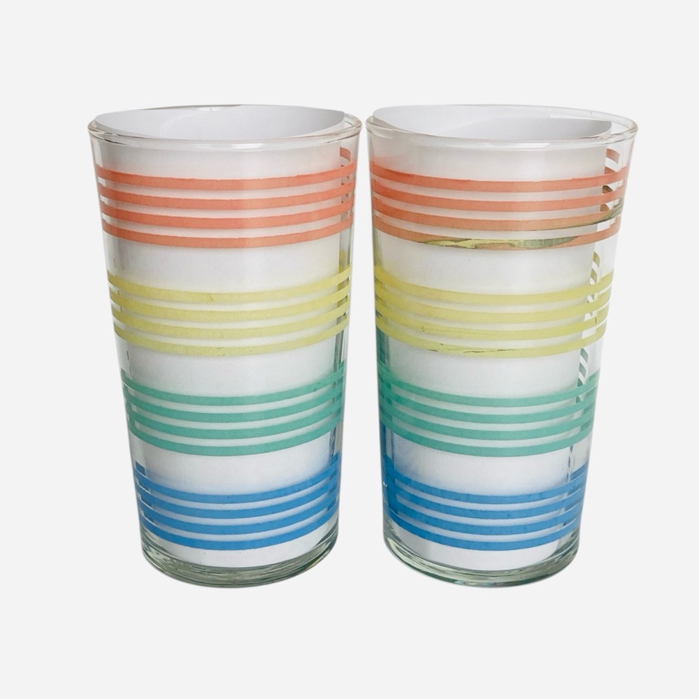 Pastel Striped Bands Tumbler Glasses Vintage MacBeth Evans? Petalware 4 1/2"